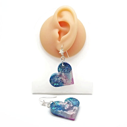 Handmade Pink & Blue Glitter Heart Earrings with Silver Star Design Earwires