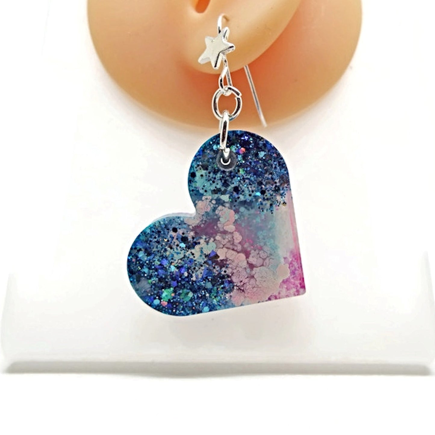 Handmade Pink & Blue Glitter Heart Earrings with Silver Star Design Earwires