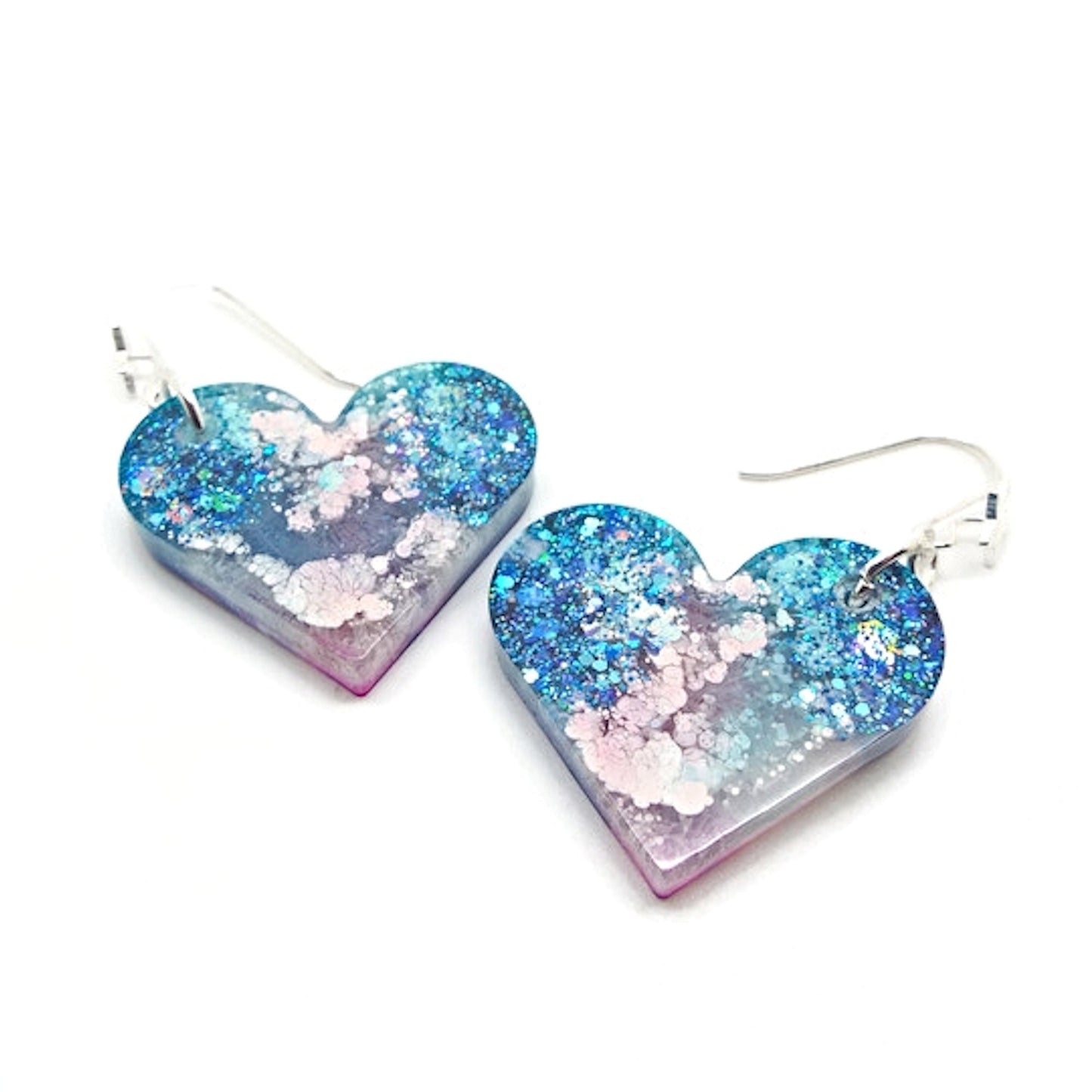 Handmade Pink & Blue Glitter Heart Earrings with Silver Star Design Earwires