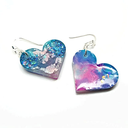 Handmade Pink & Blue Glitter Heart Earrings with Silver Star Design Earwires