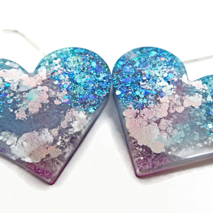 Handmade Pink & Blue Glitter Heart Earrings with Silver Star Design Earwires