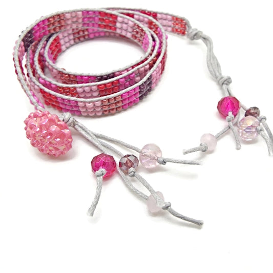 Wrap Around Beaded Boho Bracelet in Pink & Gray, 63cm Long, Wax Cord Ends with Flower Button Closure