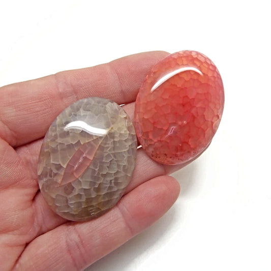 2 Crackle Agate Oval Cabochons in Peach & Tan, 40x30x7mm, No Hole Jewellery Making Gemstone