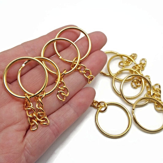 10 Gold Coloured Split Rings with Chain for Keyring Making, 25mm Diameter