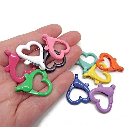 10 Heart Shaped Keyring Clasps in Mixed Enamel Colours, 26x21mm, Hole: 2x3mm