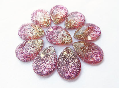 10 TEARDROP Glitter Cabochons in Pink and Gold, Faceted Kawaii Resin Sparkle Cabs, 18mm