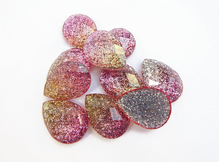 10 TEARDROP Glitter Cabochons in Pink and Gold, Faceted Kawaii Resin Sparkle Cabs, 18mm