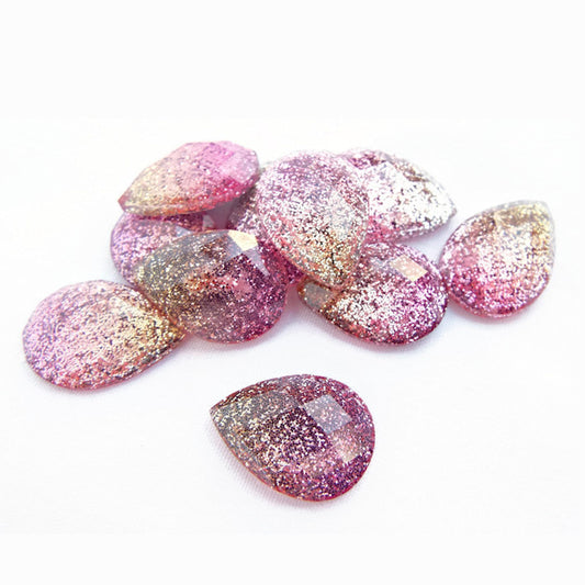 10 TEARDROP Glitter Cabochons in Pink and Gold, Faceted Kawaii Resin Sparkle Cabs, 18mm