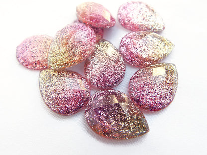 10 TEARDROP Glitter Cabochons in Pink and Gold, Faceted Kawaii Resin Sparkle Cabs, 18mm