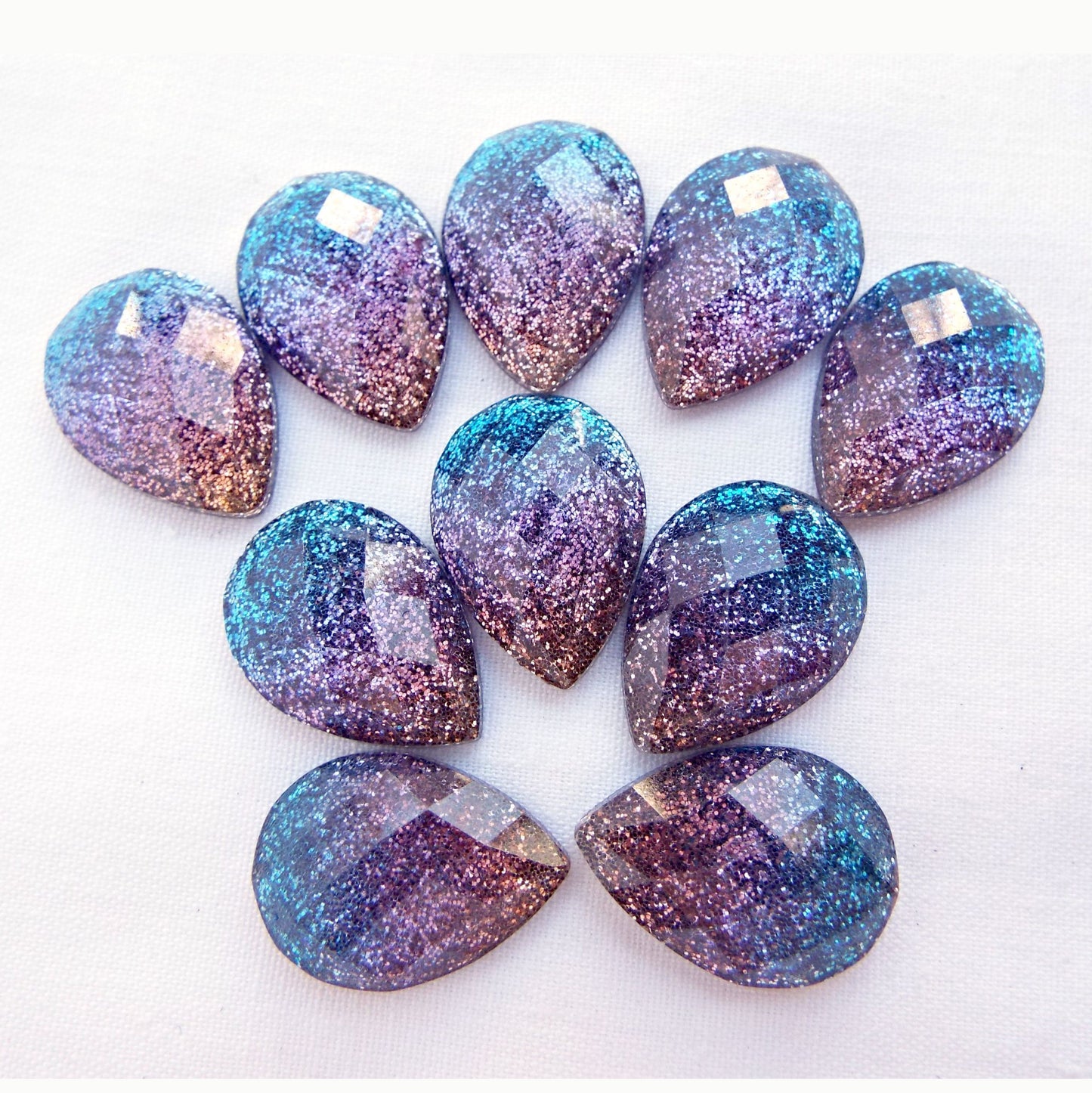 10 Glitter Teardrop Faceted Cabochons in Blue Purple Pink, Flatback Resin Cab Embellishments