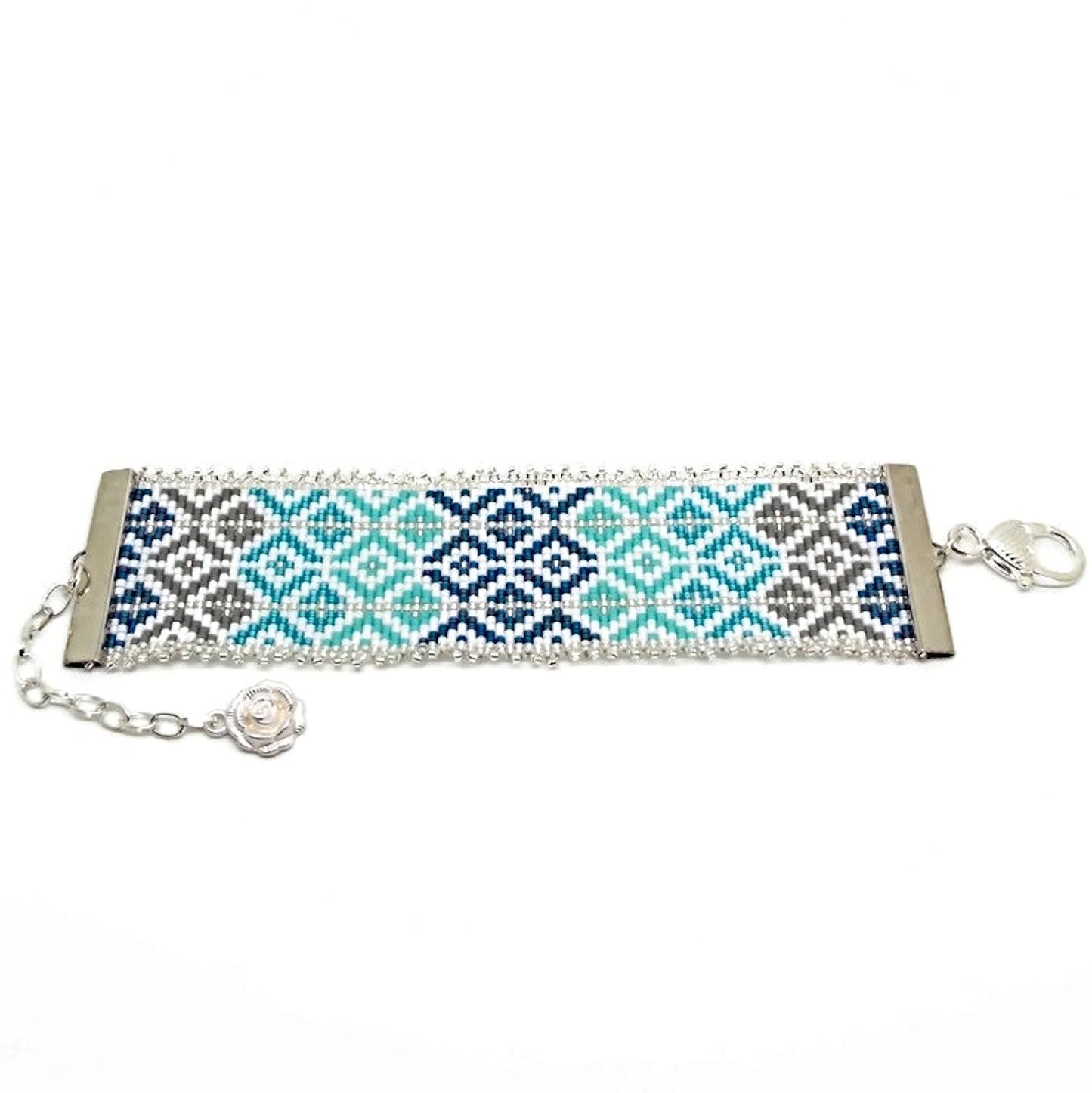 Blue Tones Bracelet with Silver Fringe, Hand Loomed with Miyuki Delica Beads, Gift Boxed