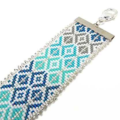 Blue Tones Bracelet with Silver Fringe, Hand Loomed with Miyuki Delica Beads, Gift Boxed