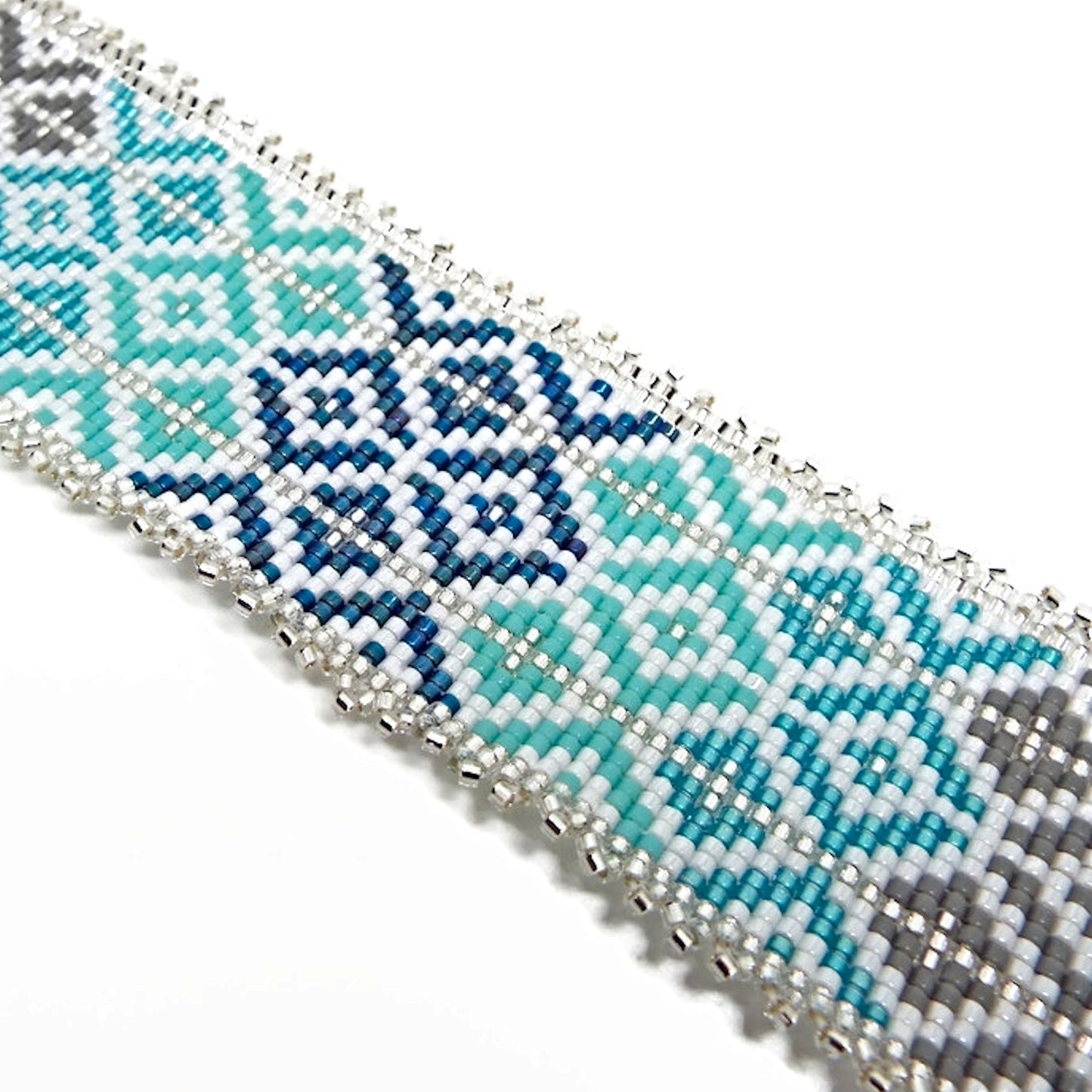 Blue Tones Bracelet with Silver Fringe, Hand Loomed with Miyuki Delica Beads, Gift Boxed