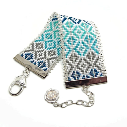 Blue Tones Bracelet with Silver Fringe, Hand Loomed with Miyuki Delica Beads, Gift Boxed