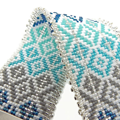 Blue Tones Bracelet with Silver Fringe, Hand Loomed with Miyuki Delica Beads, Gift Boxed