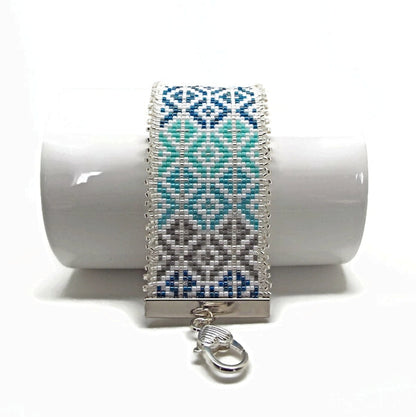 Blue Tones Bracelet with Silver Fringe, Hand Loomed with Miyuki Delica Beads, Gift Boxed