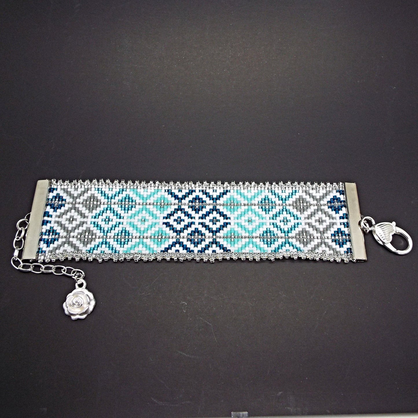 Blue Tones Bracelet with Silver Fringe, Hand Loomed with Miyuki Delica Beads, Gift Boxed