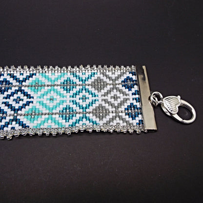 Blue Tones Bracelet with Silver Fringe, Hand Loomed with Miyuki Delica Beads, Gift Boxed