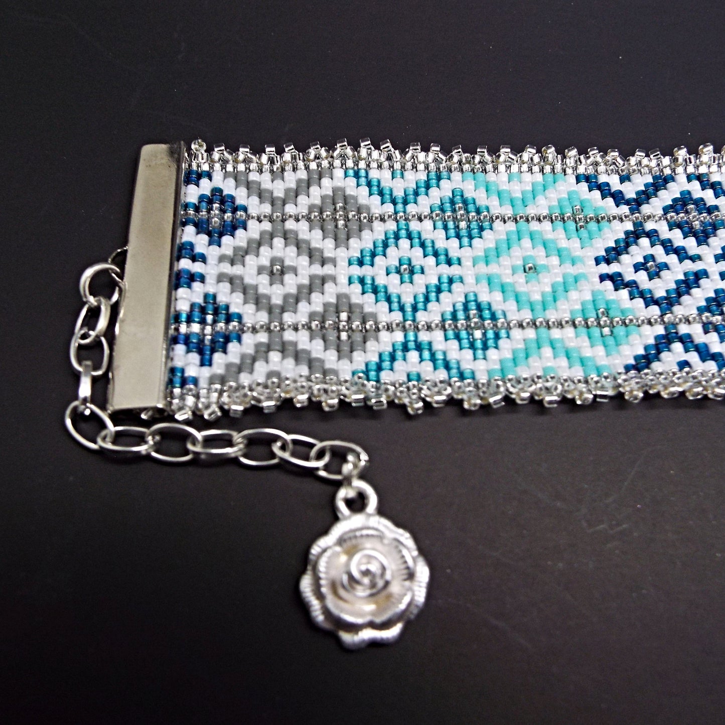 Blue Tones Bracelet with Silver Fringe, Hand Loomed with Miyuki Delica Beads, Gift Boxed