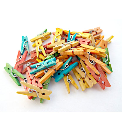 50 MINI RUSTIC Wooden Pegs in Mixed Colours, 25x9mm Mini Clips for Stationery and Mixed Media Crafts