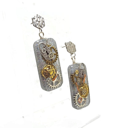 Silver Dangle Steampunk Earrings, Handcrafted with Resin