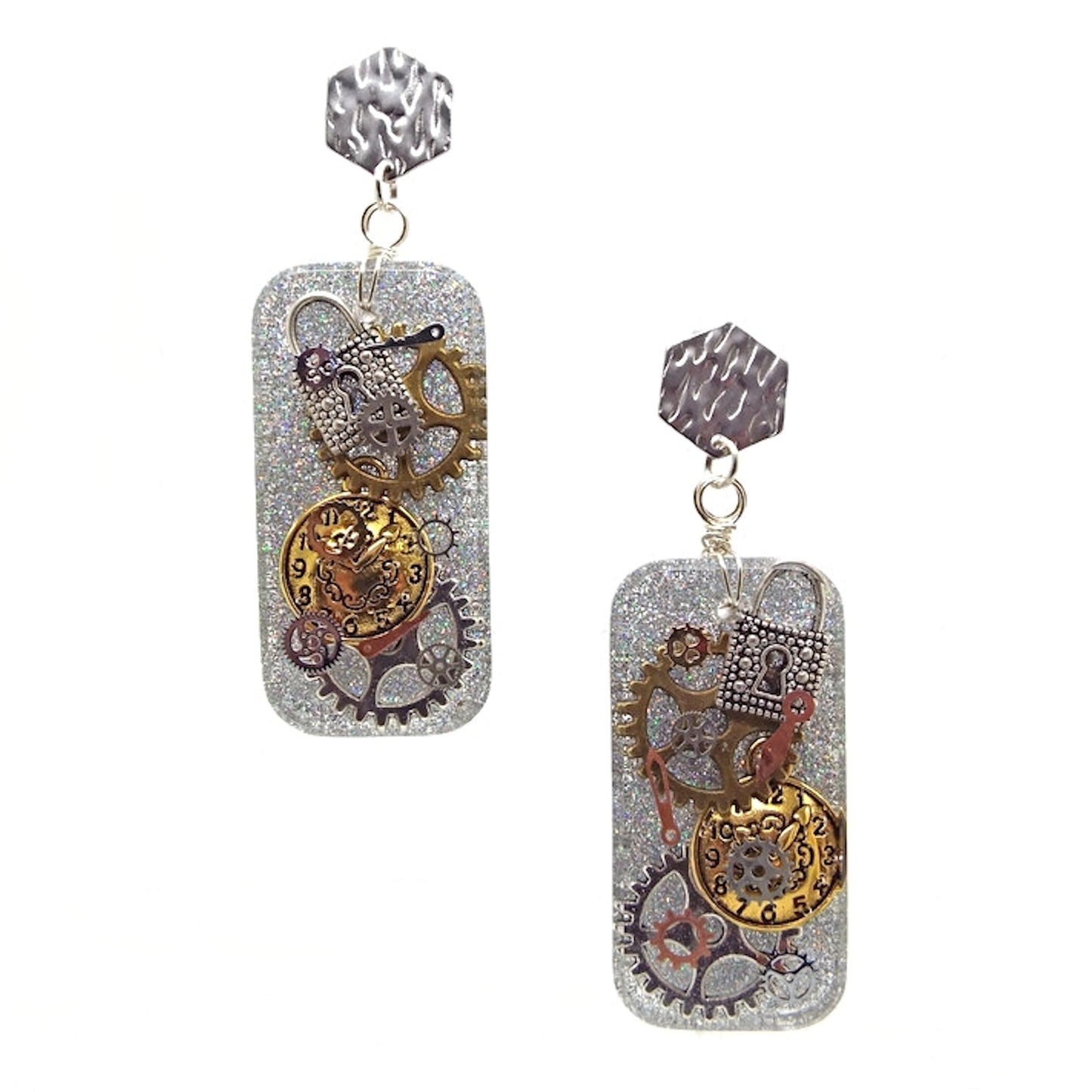 Silver Dangle Steampunk Earrings, Handcrafted with Resin