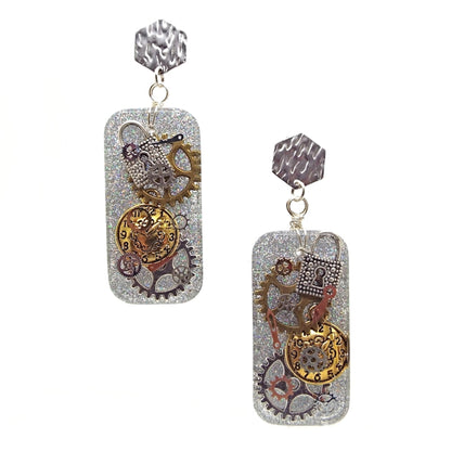Silver Dangle Steampunk Earrings, Handcrafted with Resin