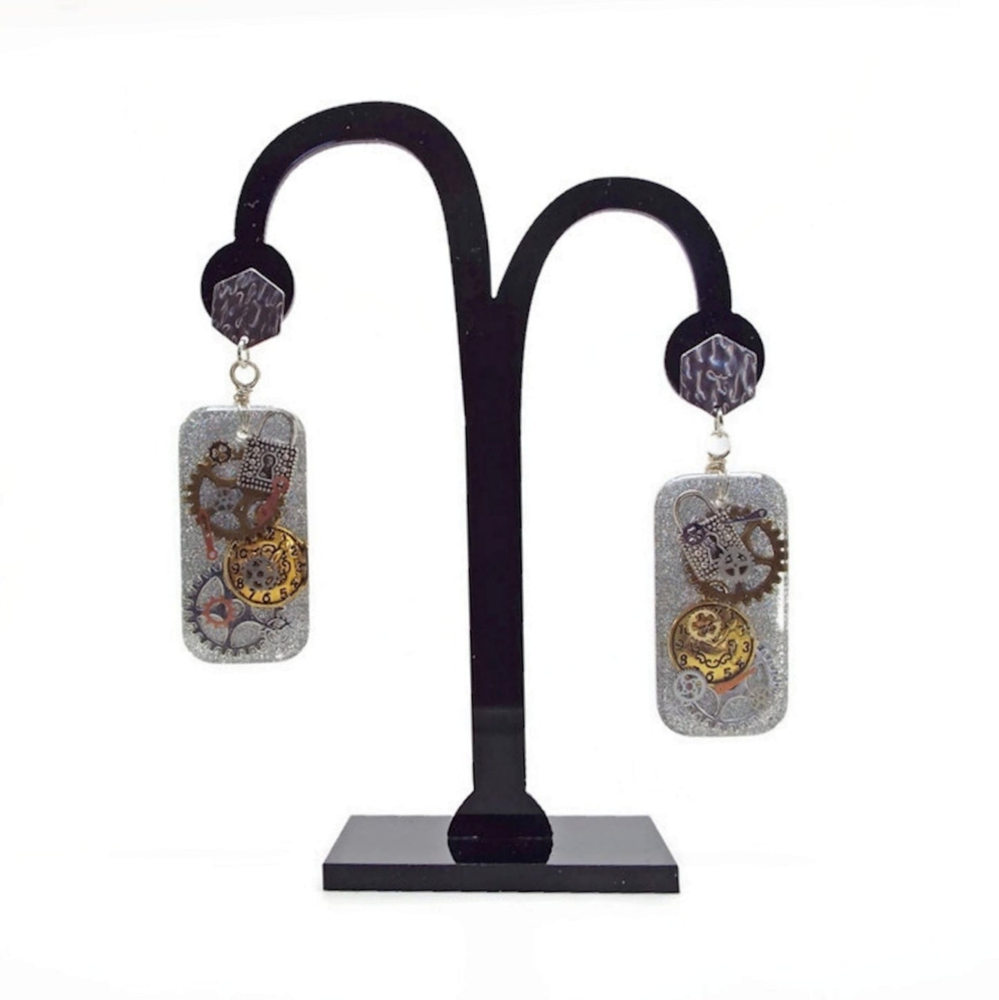 Silver Dangle Steampunk Earrings, Handcrafted with Resin