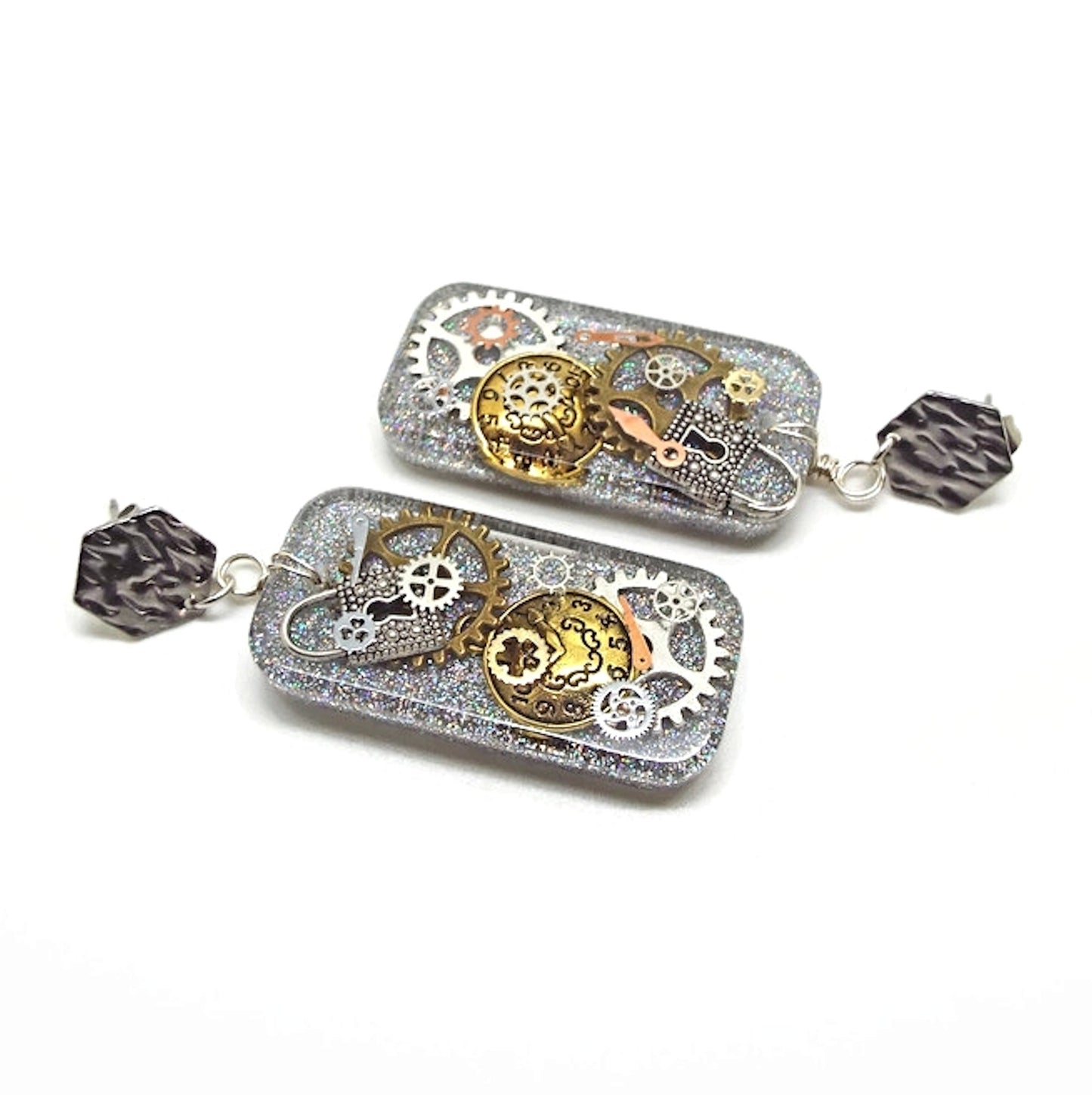 Silver Dangle Steampunk Earrings, Handcrafted with Resin
