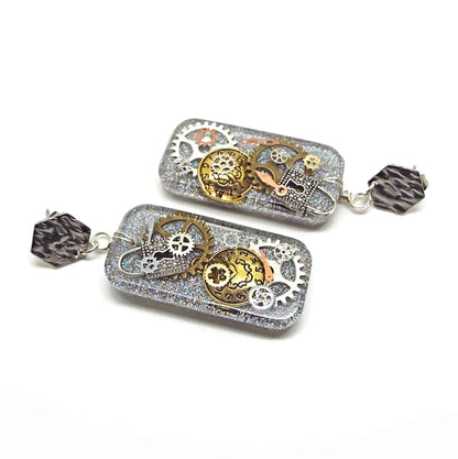 Silver Dangle Steampunk Earrings, Handcrafted with Resin