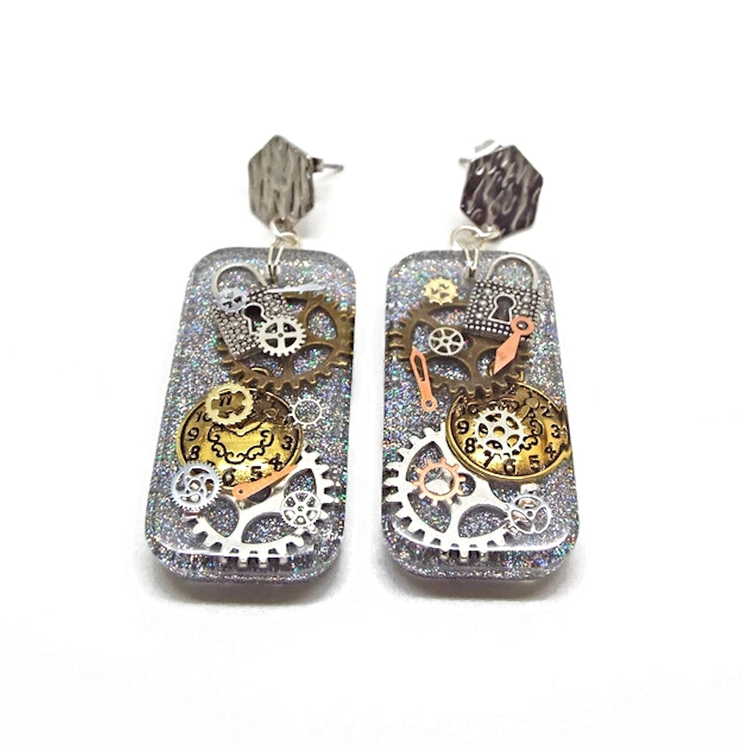 Silver Dangle Steampunk Earrings, Handcrafted with Resin