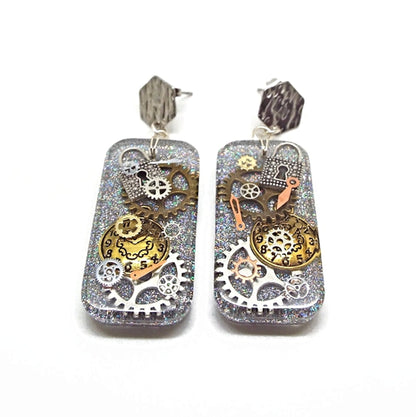 Silver Dangle Steampunk Earrings, Handcrafted with Resin