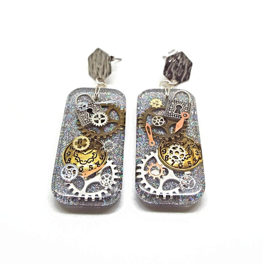 Silver Dangle Steampunk Earrings, Handcrafted with Resin