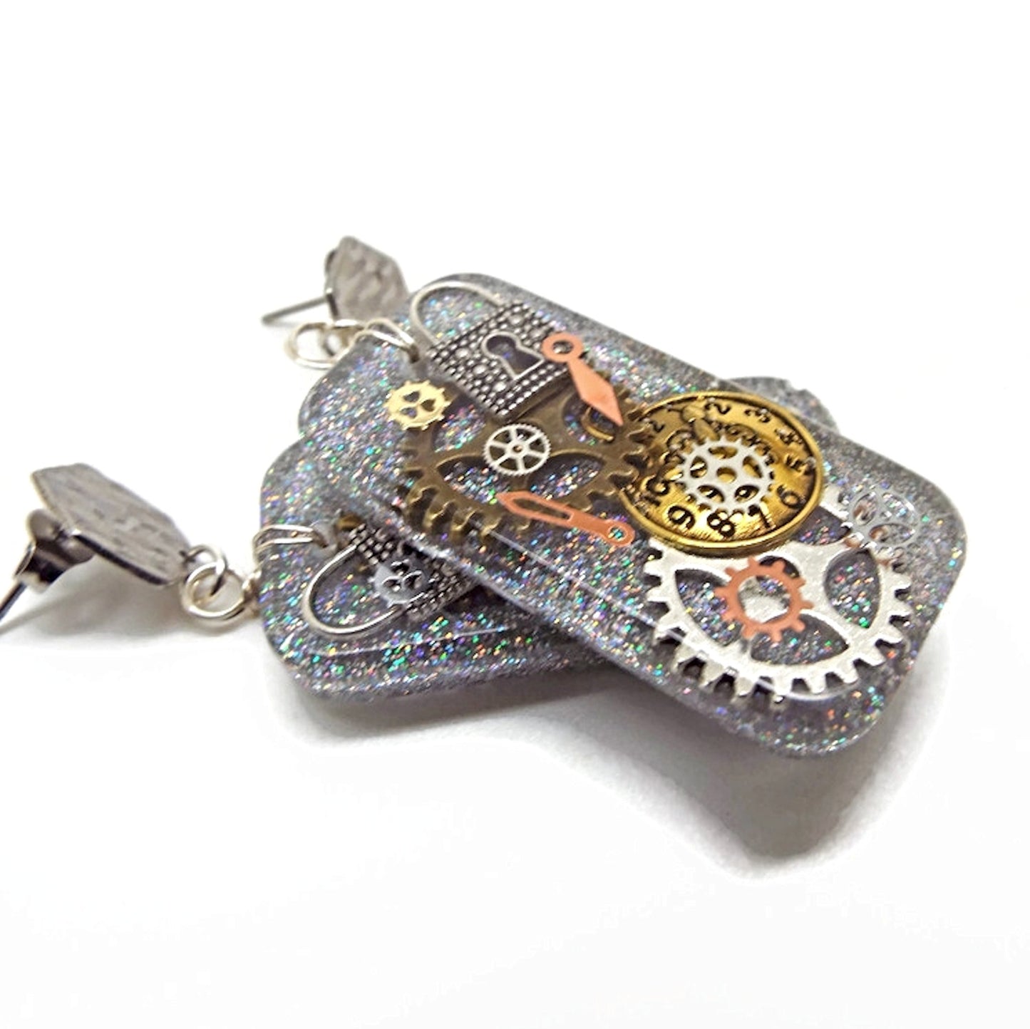 Silver Dangle Steampunk Earrings, Handcrafted with Resin