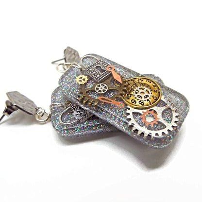 Silver Dangle Steampunk Earrings, Handcrafted with Resin