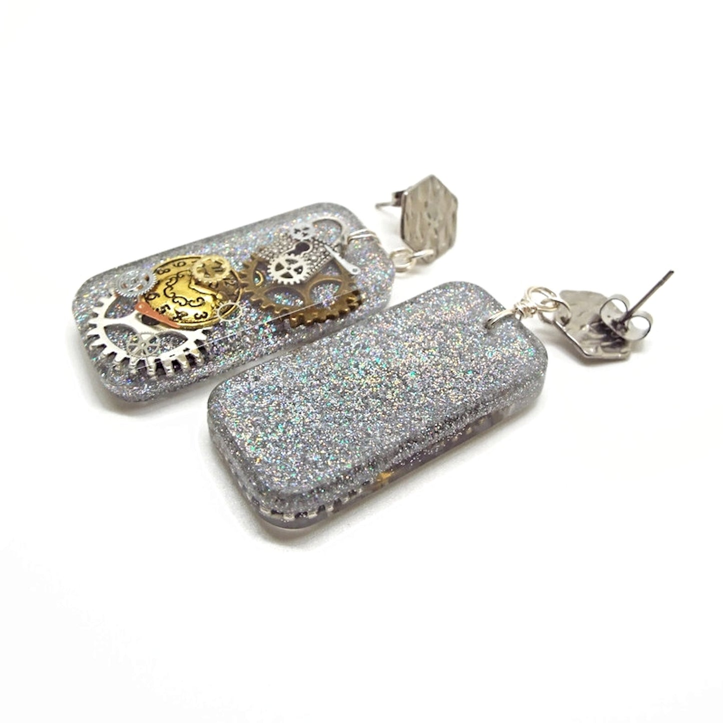 Silver Dangle Steampunk Earrings, Handcrafted with Resin