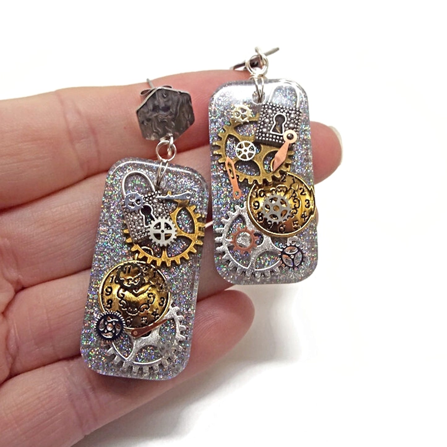 Silver Dangle Steampunk Earrings, Handcrafted with Resin