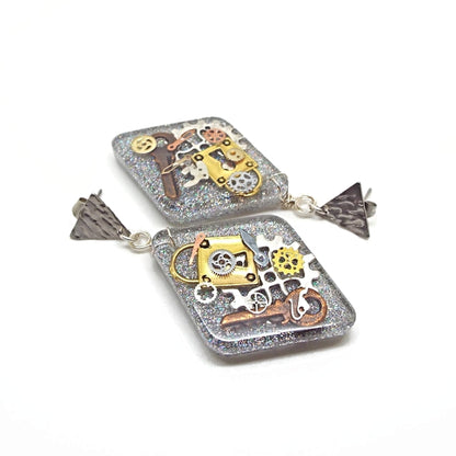 Steampunk Earrings, Handcrafted with Resin and Inclusions