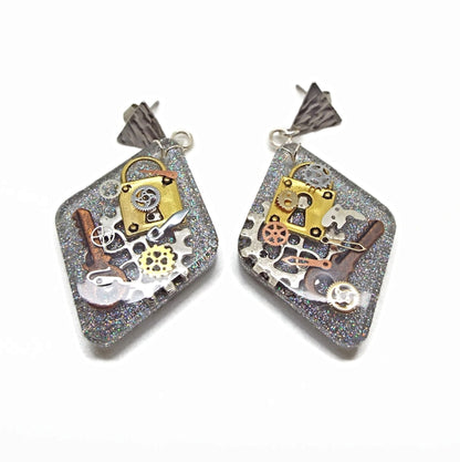 Steampunk Earrings, Handcrafted with Resin and Inclusions