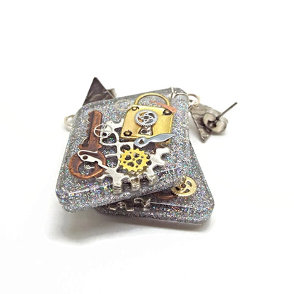 Steampunk Earrings, Handcrafted with Resin and Inclusions