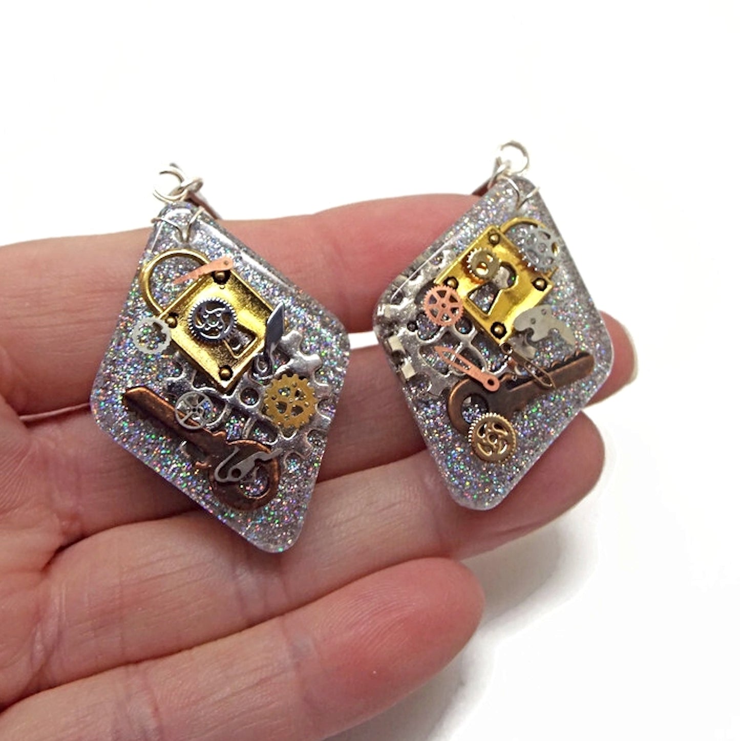 Steampunk Earrings, Handcrafted with Resin and Inclusions