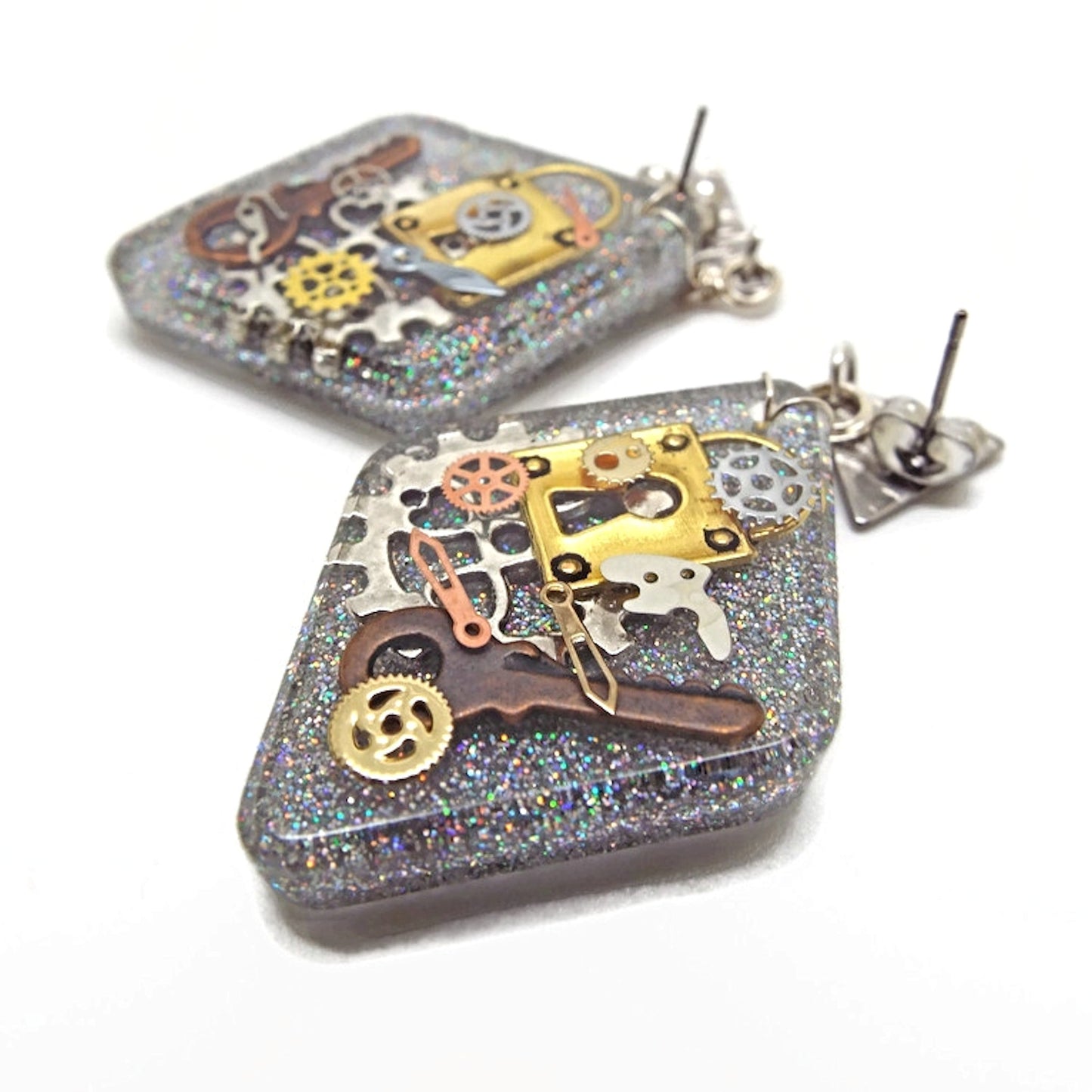 Steampunk Earrings, Handcrafted with Resin and Inclusions