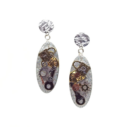 Oval Steampunk Dangle Earrings with Holographic Glitter