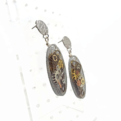 Oval Steampunk Dangle Earrings with Holographic Glitter