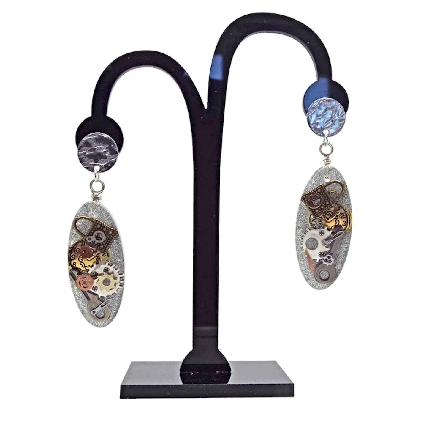 Oval Steampunk Dangle Earrings with Holographic Glitter