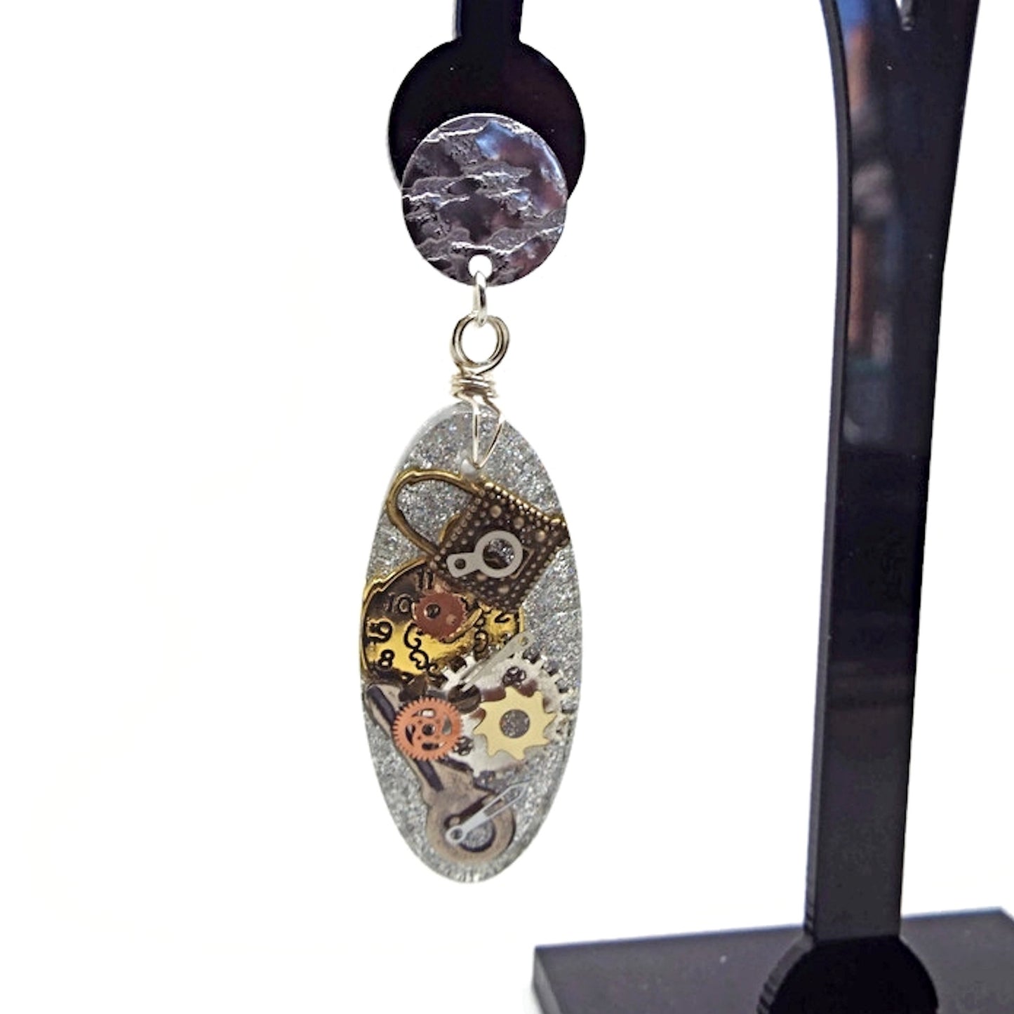 Oval Steampunk Dangle Earrings with Holographic Glitter