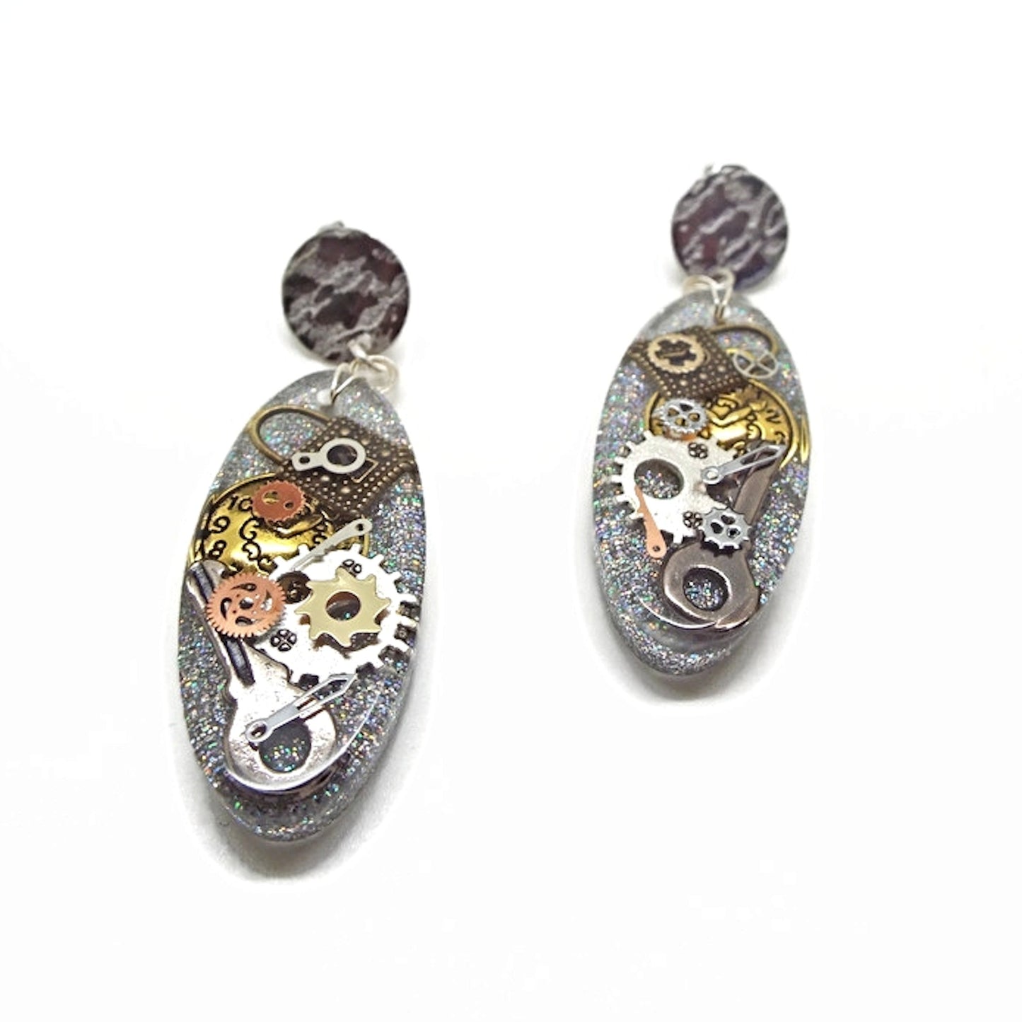 Oval Steampunk Dangle Earrings with Holographic Glitter