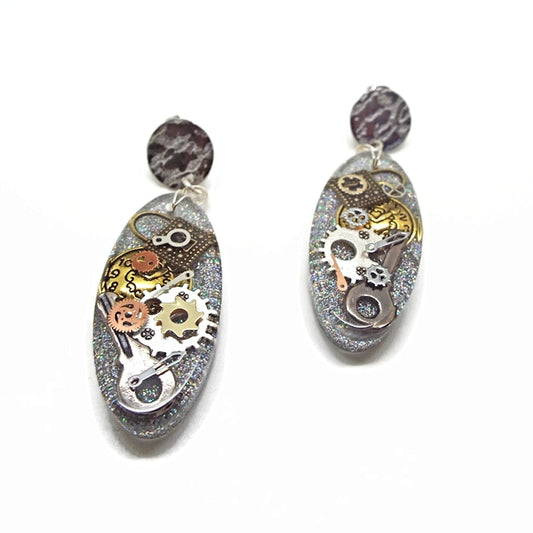 Oval Steampunk Dangle Earrings with Holographic Glitter