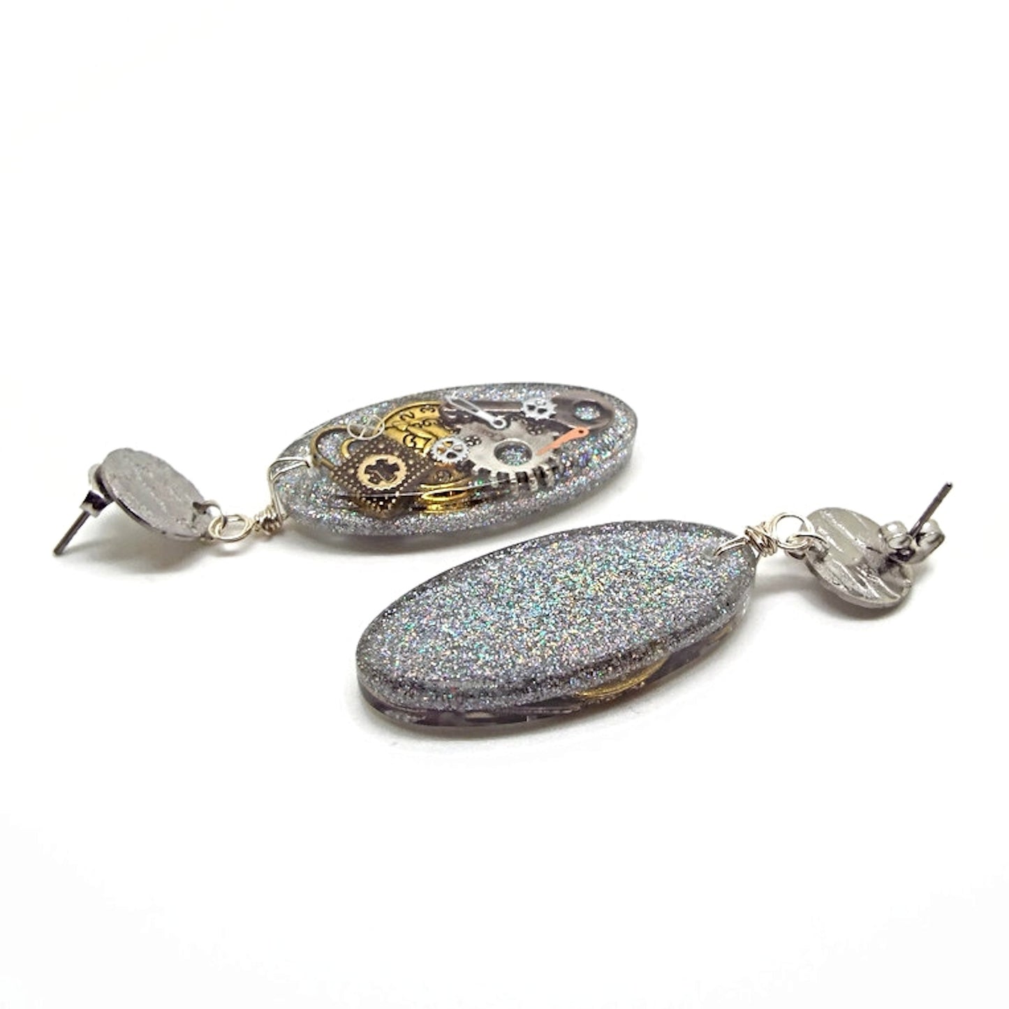 Oval Steampunk Dangle Earrings with Holographic Glitter