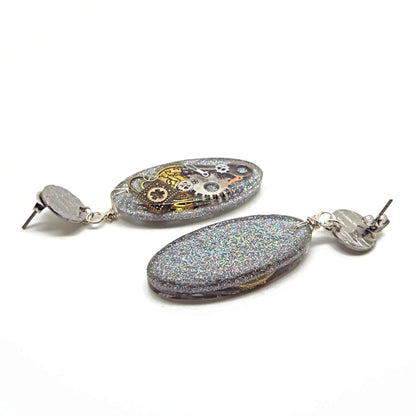 Oval Steampunk Dangle Earrings with Holographic Glitter